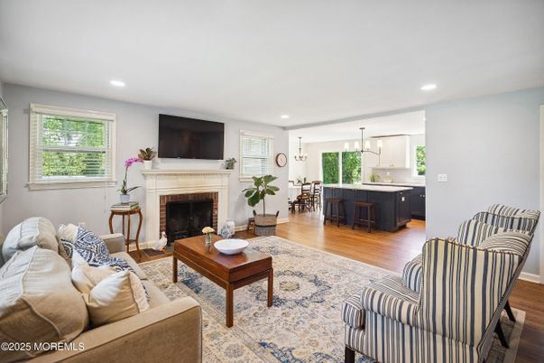 Dining room, Fireplace, Interior, Kitchen, Living room, Pendant Lights, Recessed Lighting, Wood Texture Flooring