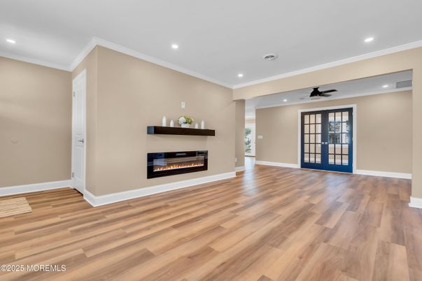Empty room, Fireplace, Interior, Recessed Lighting, Wood Texture Flooring