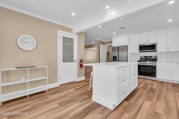 Interior, Kitchen, Recessed Lighting, Stainless Steel Appliances, Wood Texture Flooring