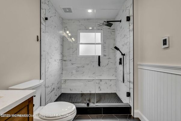 Bathroom, Glass Shower, Interior, Marble Walls, Recessed Lighting