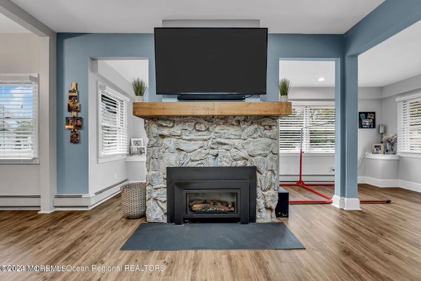 Fireplace, Interior, Recessed Lighting, Wood Texture Flooring