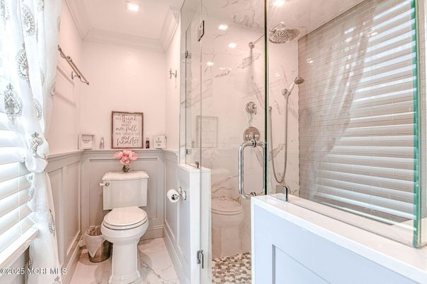 Bathroom, Glass Shower, Interior, Marble, Marble Walls, Recessed Lighting