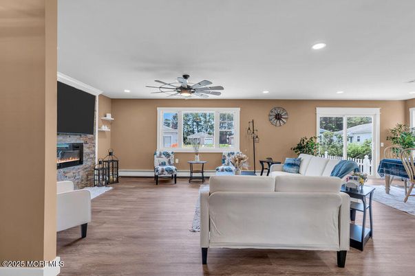 Fireplace, Interior, Living room, Recessed Lighting, Wood Texture Flooring