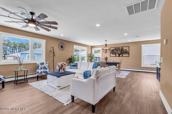 Chandelier, Dining room, Interior, Living room, Recessed Lighting, Wood Texture Flooring
