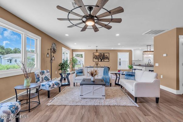 Chandelier, Dining room, Interior, Kitchen, Living room, Pendant Lights, Recessed Lighting, Wood Texture Flooring