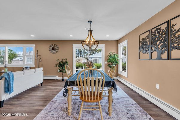 Chandelier, Dining room, Interior, Recessed Lighting, Wood Texture Flooring
