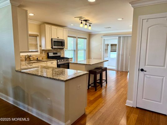 Interior, Kitchen, Recessed Lighting, Stainless Steel Appliances, Wood Texture Flooring