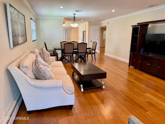Dining room, Interior, Living room, Pendant Lights, Recessed Lighting, Wood Texture Flooring