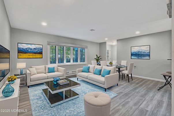 Dining room, Interior, Living room, Recessed Lighting, Wood Texture Flooring