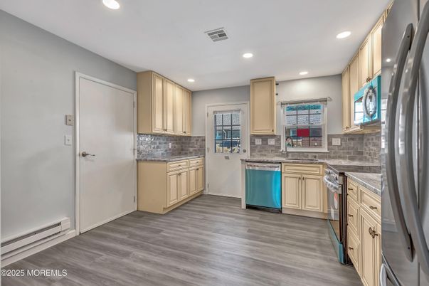 Interior, Kitchen, Recessed Lighting, Stainless Steel Appliances, Wood Texture Flooring