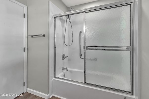 Bathroom, Glass Shower, Interior, Wood Texture Flooring
