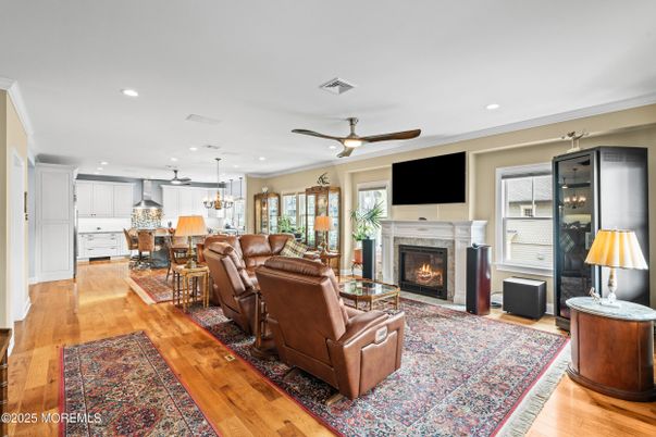Dining room, Fireplace, Interior, Kitchen, Living room, Pendant Lights, Recessed Lighting, Wood Texture Flooring