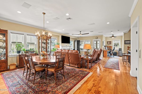 Chandelier, Dining room, Interior, Living room, Recessed Lighting, Wood Texture Flooring
