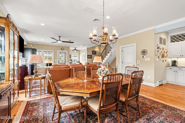 Chandelier, Dining room, Interior, Living room, Recessed Lighting, Wood Texture Flooring