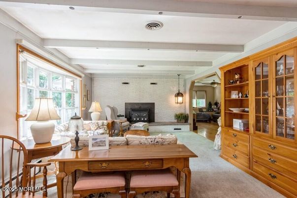 Fireplace, Interior, Living room, Pendant Lights, Stone Walls, Wood Texture Flooring