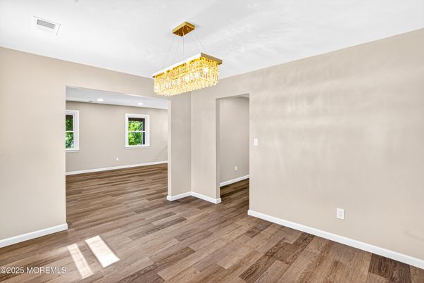 Chandelier, Empty room, Interior, Recessed Lighting, Wood Texture Flooring