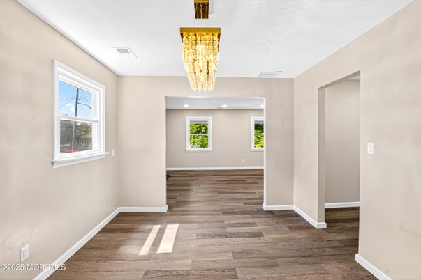 Chandelier, Empty room, Interior, Recessed Lighting, Wood Texture Flooring