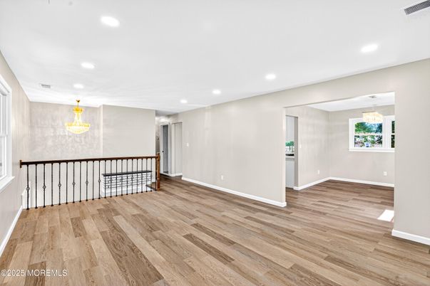 Chandelier, Empty room, Interior, Recessed Lighting, Wood Texture Flooring