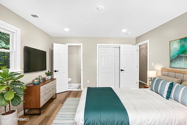Bedroom, Interior, Recessed Lighting, Wood Texture Flooring