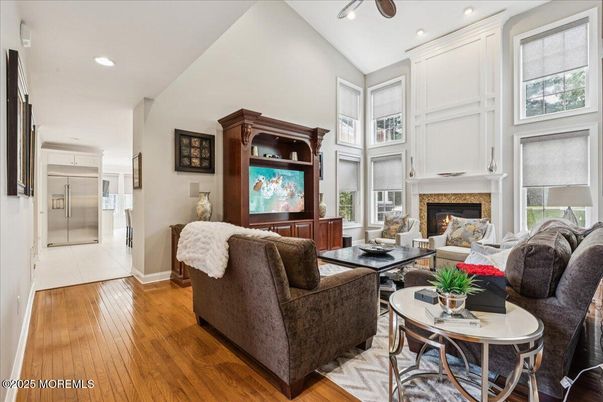 Fireplace, Interior, Living room, Recessed Lighting, Wood Texture Flooring