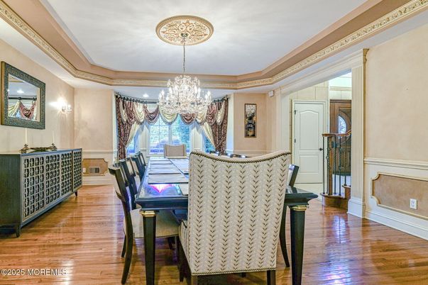 Chandelier, Dining room, Interior, Wood Texture Flooring