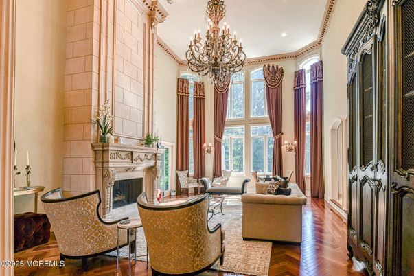 Chandelier, Fireplace, Interior, Living room, Recessed Lighting, Wood Texture Flooring