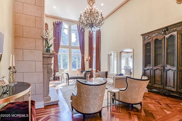 Chandelier, Fireplace, Interior, Living room, Recessed Lighting, Wood Texture Flooring