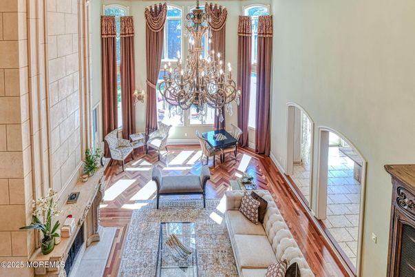 Chandelier, Interior, Living room, Stone Walls, Wood Texture Flooring
