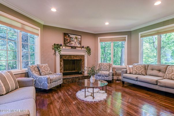 Fireplace, Interior, Living room, Recessed Lighting, Wood Texture Flooring