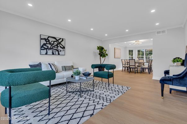 Dining room, Interior, Living room, Recessed Lighting, Wood Texture Flooring