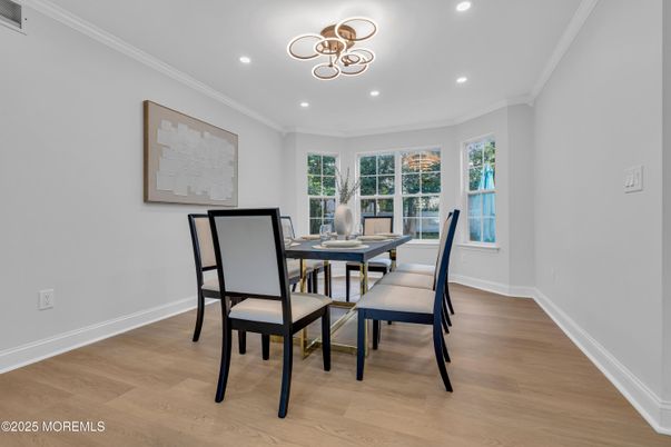 Dining room, Interior, Pendant Lights, Recessed Lighting, Wood Texture Flooring