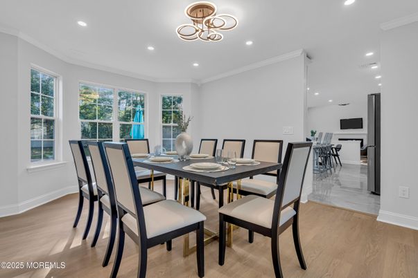 Dining room, Interior, Pendant Lights, Recessed Lighting, Wood Texture Flooring