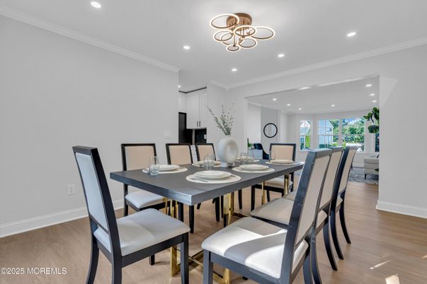 Dining room, Interior, Pendant Lights, Recessed Lighting, Wood Texture Flooring