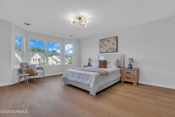Bedroom, Interior, Pendant Lights, Wood Texture Flooring