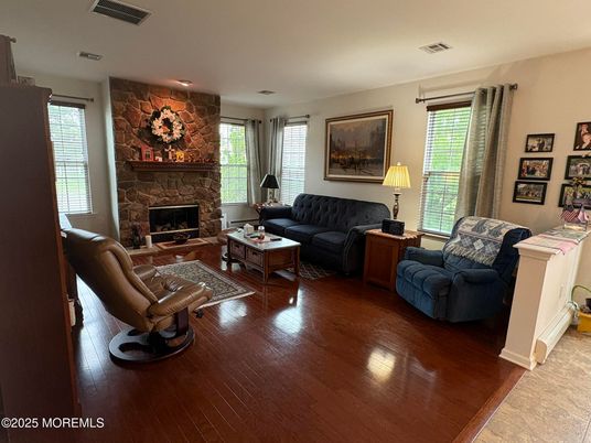 Fireplace, Interior, Living room, Stone Walls, Wood Texture Flooring