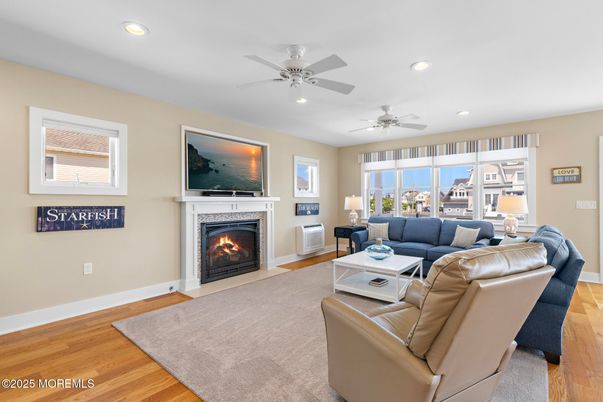 Fireplace, Interior, Living room, Recessed Lighting, Wood Texture Flooring