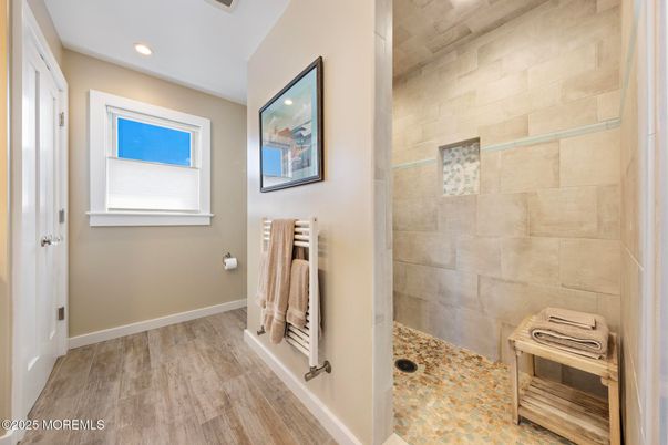 Bathroom, Interior, Recessed Lighting, Stone Walls, Wood Texture Flooring