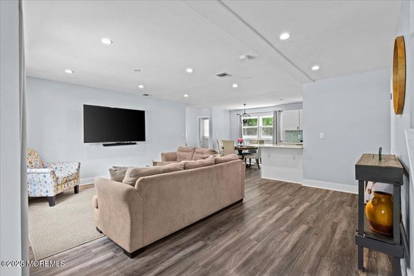 Dining room, Interior, Kitchen, Living room, Pendant Lights, Recessed Lighting, Wooden Beams, Wood Texture Flooring