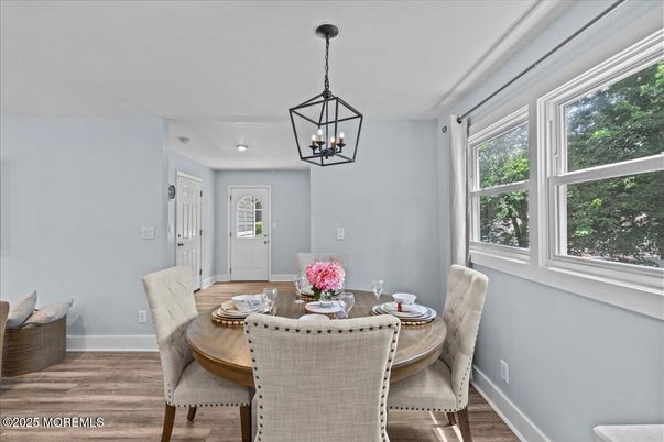Chandelier, Dining room, Interior, Pendant Lights, Wood Texture Flooring