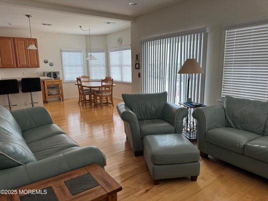 Dining room, Interior, Living room, Pendant Lights, Recessed Lighting, Wood Texture Flooring