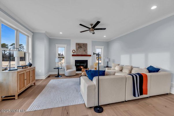 Fireplace, Interior, Living room, Recessed Lighting, Wood Texture Flooring