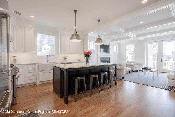 Fireplace, Interior, Kitchen, Living room, Pendant Lights, Recessed Lighting, Wood Texture Flooring
