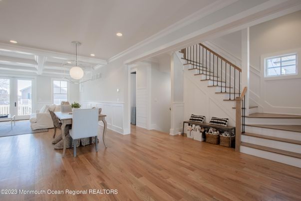Dining room, Interior, Pendant Lights, Recessed Lighting, Wood Texture Flooring