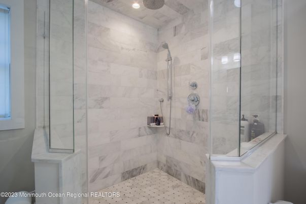Bathroom, Glass Shower, Interior, Marble Walls, Recessed Lighting