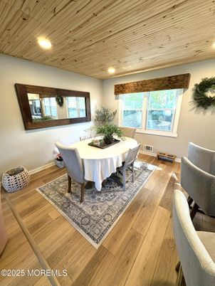 Dining room, Interior, Recessed Lighting, Wooden Ceilings, Wood Texture Flooring