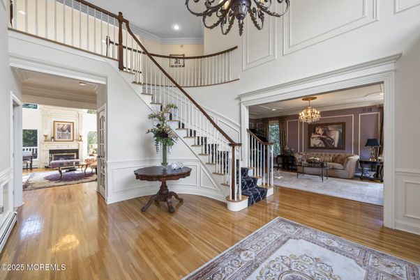 Chandelier, Fireplace, Interior, Recessed Lighting, Wood Texture Flooring
