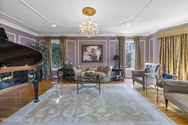 Chandelier, Interior, Living room, Piano, Recessed Lighting, Wood Texture Flooring