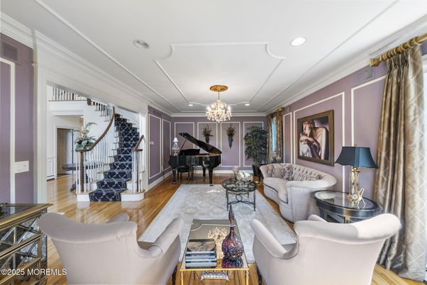 Chandelier, Interior, Living room, Piano, Recessed Lighting, Wood Texture Flooring