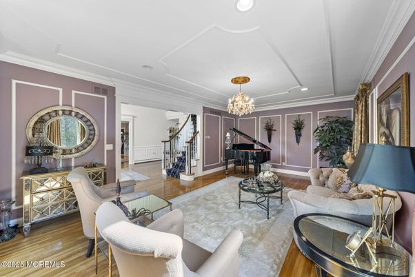 Chandelier, Interior, Living room, Piano, Recessed Lighting, Wood Texture Flooring