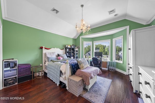 Bedroom, Chandelier, Home Office, Interior, Wood Texture Flooring
